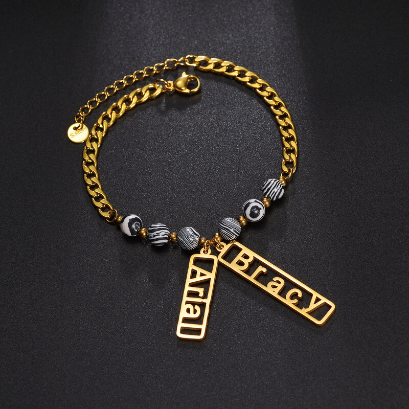 Atoztide Personalized Custom Name Bracelet Beads Chain Bangle Stainless Steel For Women Men Letter Family Birthday Jewelry Gift
