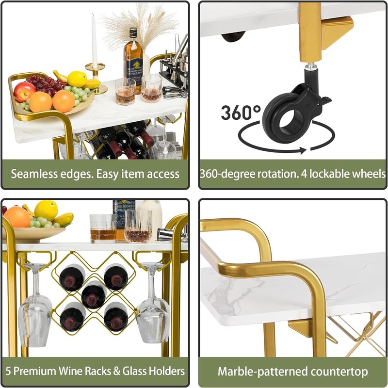 2-Tier Bar Cart  Shelves w/ 8 Wine Racks & 4 Rows of Glass Holders, White Beverage Cocktail Shelves Cart w/ 4 Lockable Wheels