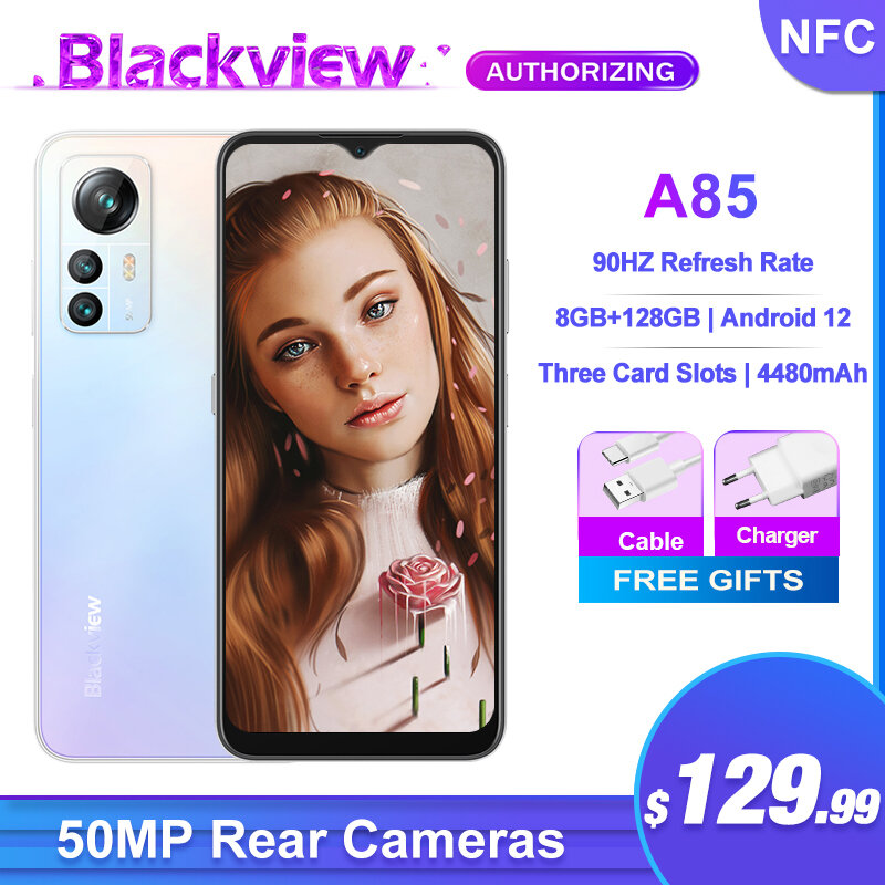 Blackview-携帯電話A85,スマートフォン,50MPカメラ,8GB 128GB,Android 12,90Hz画面,3カードスロット,18W充電器,NFC