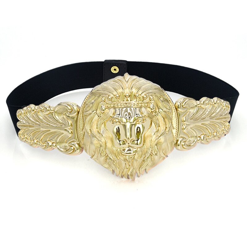 حزام من الجلد فو واسعة ، سبيكة معدنية الصورة الرمزية مشبك ، الذهبي الأسد غطاء الخصر ، حزام عريض ، والأزياء
