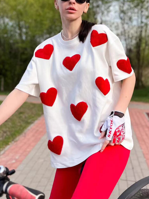 T-shirt solta de grandes dimensões com coração bordado feminino, 100% algodão, pulôveres com pescoço O, tops de manga curta, tops brancos, verão, 2024