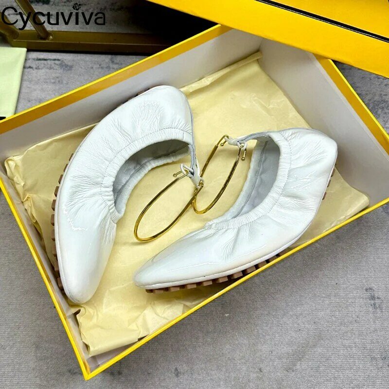 Super Soft Patent Leather Slip On Flat Loafers Shoes Woman Metal Strap Designer Dance Shoes Casual Ballet Flats Vacation Shoes