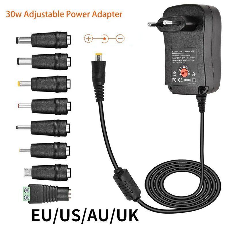 30W Power Adapter 3V 4,5 V 5V 6V 7,5 V 9V 12V AC DC ladegerät Konverter + 5V 2,1 A USB Port Mit 8 stücke jack Einstellbare Netzteil EU