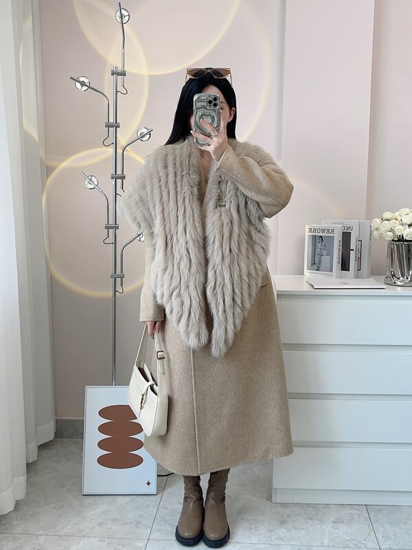 Abrigo de lana de doble cara para mujer, gabardina de lana de Cachemira con cuello de chal de piel de zorro de lujo, alta gama, 2023