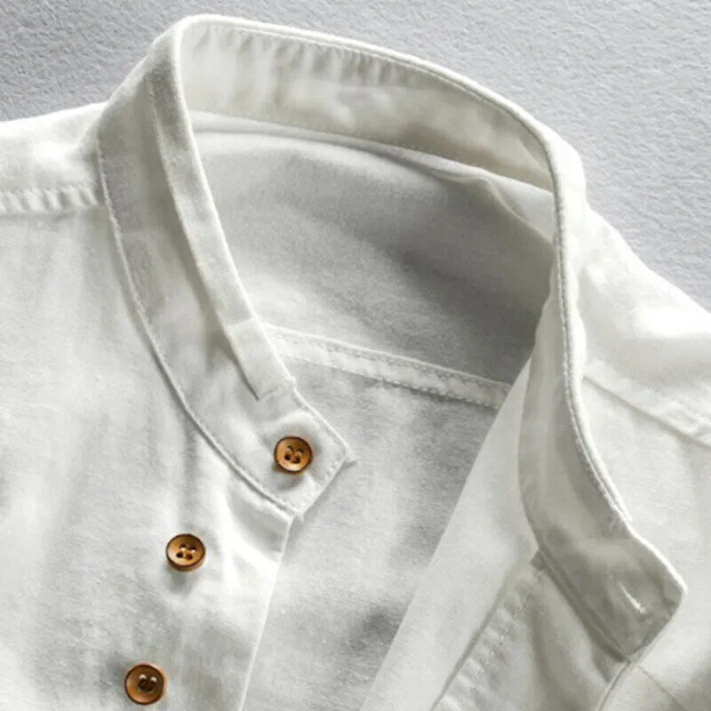 Camisa de algodón y lino de estilo japonés para hombre, camisa de manga larga con cuello levantado, ajustada, Color sólido, informal, transpirable, Tops clásicos