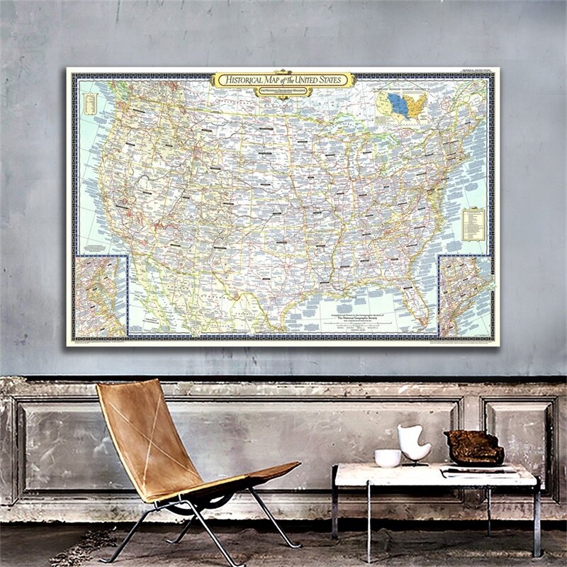 미국 포스터 및 인쇄물의 역사 지도, 벽 예술 그림, 캔버스 그림, 가정 장식, 학교 용품, 59x42cm