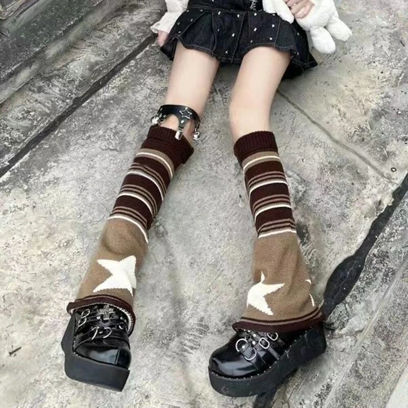 Женские носки, готические аксессуары Y2K, теплые носки в полоску со звездами, вязаные носки, защита для ног для девочек, чулки, свободный крой, Обложка для ног