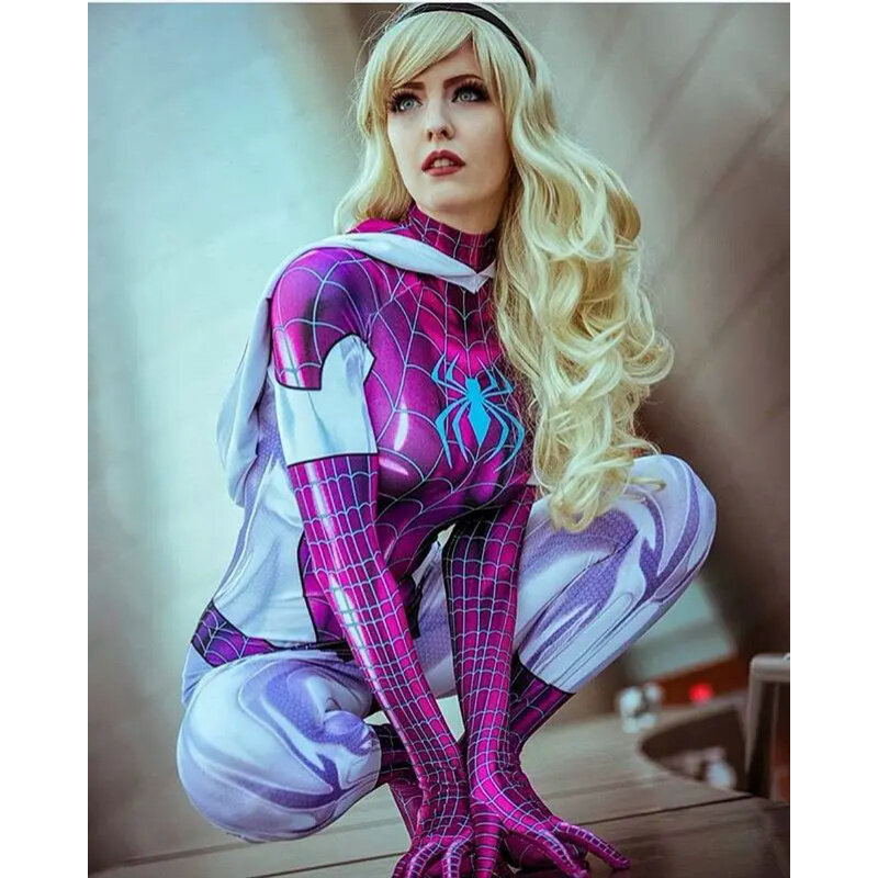 Feminino super-herói Zentai Suit para adultos e crianças, Halloween Costume, brilhante Gwen, Spidercosplay, Bodysuit completo, Macacão, Meninas