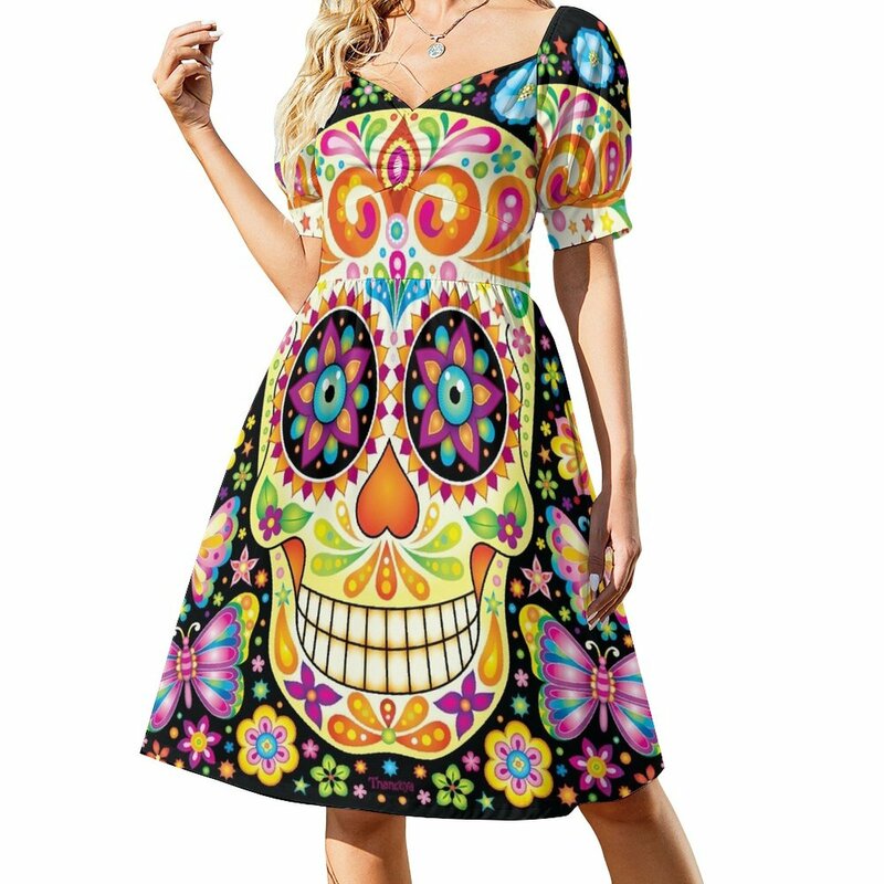 Colorato Sugar Skull Art - Day of the Dead abito senza maniche gonna estiva da donna vestito da donna