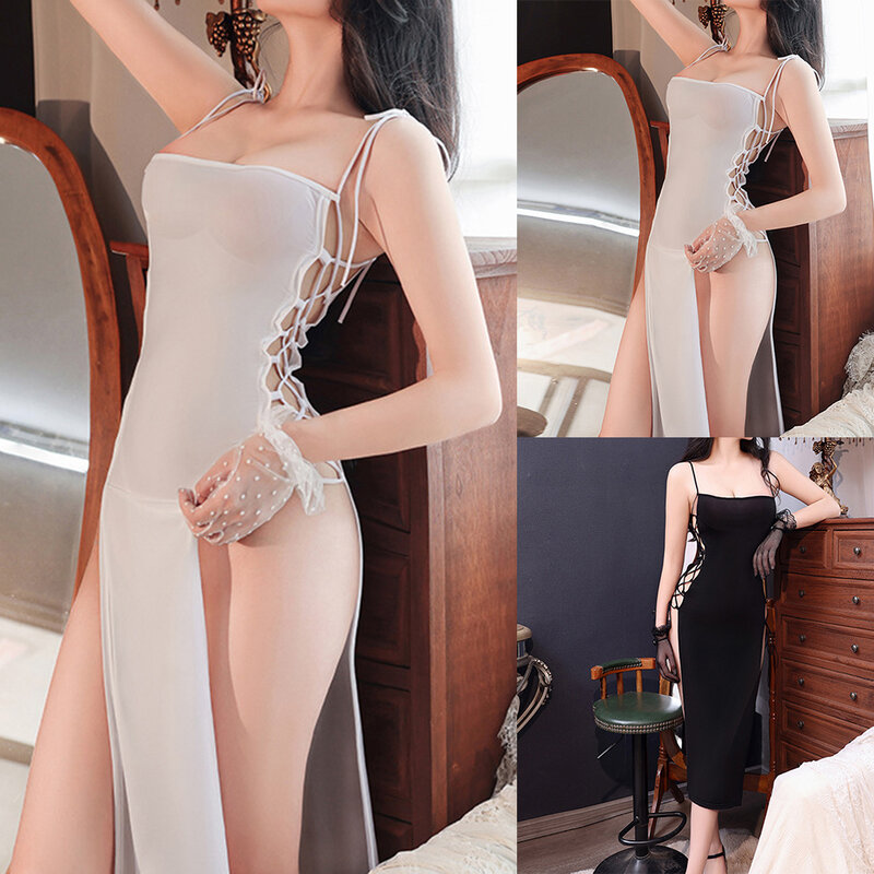 Frauen sexy Kleid durchsichtigen Pyjama Dame besetzt Verband erotische Dessous dünne hohle hohe Schlitz Ausschnitt Top Nachtwäsche Nachthemd