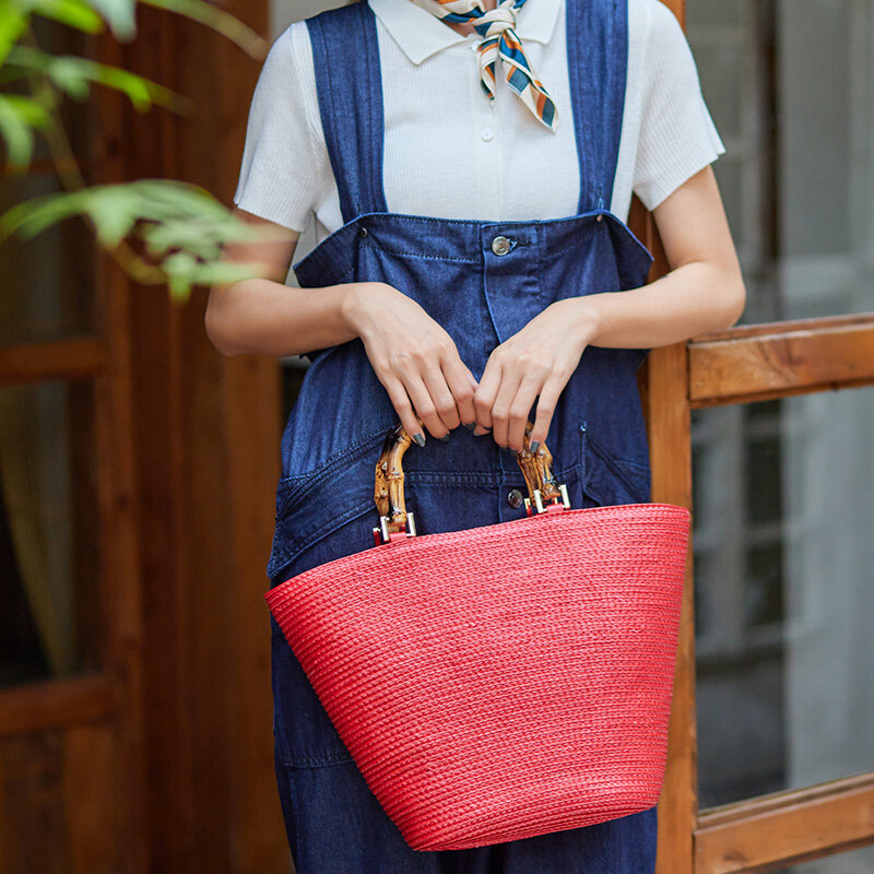 Женская Плетеная соломенная сумка через плечо из натуральной кожи, вместительная пляжная соломенная сумка-шоппер в богемном стиле