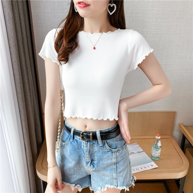 2024 New Summer Elegant Fashion Chic Solid Color Casual Office Lady T-shirts for Women Polyester High Waist O Neck Short Sleeve