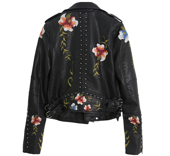 Jaqueta de couro falso retrô feminina, estampa floral, bordado, falso, gola de virada para baixo, punk, moto motociclista, preto, macio, Casacos, novo