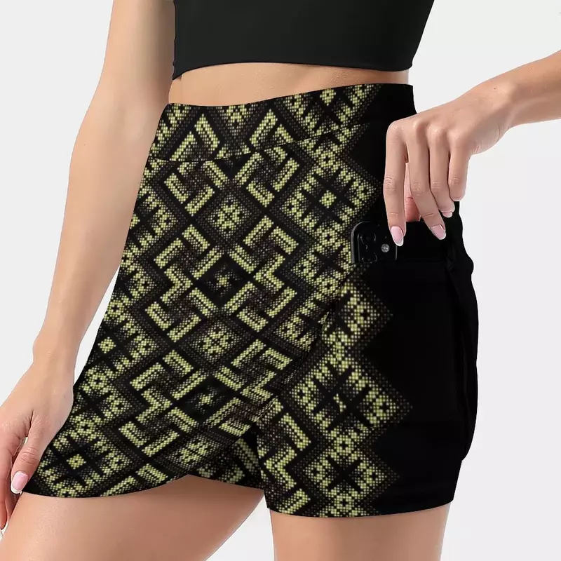 Swastika. Fiery Ancient Ornament. Old Nordic Embroidery In Women's skirt With Hide Pocket Tennis Skirt Golf Skirts Badminton