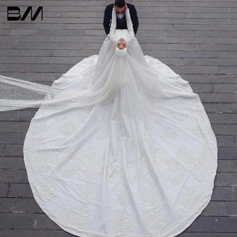 Gaun pernikahan putri duyung Muslim dengan Applique renda kereta lepas pasang rok panjang gaun pengantin gaun pengantin Hijab Court Train Simple Vintage Rob