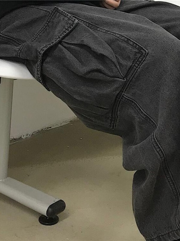 QWEEK Grunge Streetwear Grau Baggy Jeans Frauen Koreanische Mode Übergroßen Taschen Cargo Denim Hosen Hip Hop Breite Bein Hosen