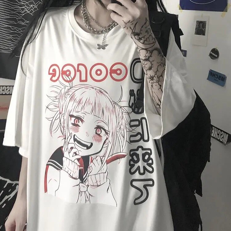 Camiseta de desenho animado estilo japonês feminino, tops de harajuku, camiseta manga curta, manga alta, moda rua, branco, Y2K, meninas