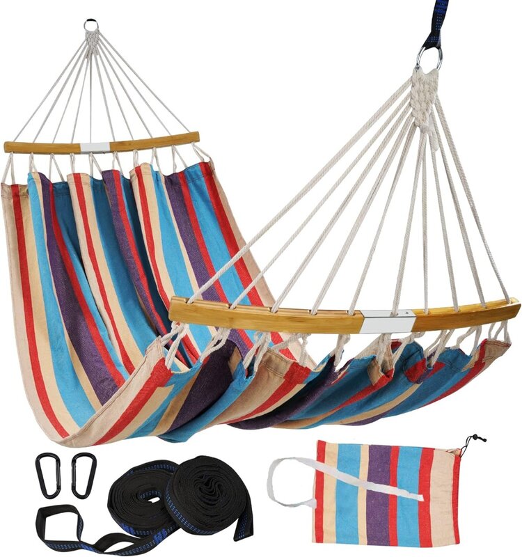 Outdoor Double Hammock with Travel Bag, Portable 2 Person Patio Hammock with D Rings and Tree Straps for Camping