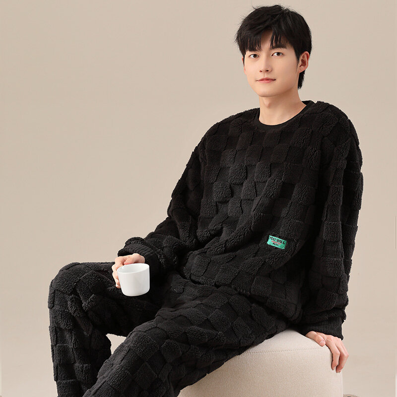 Plush Flannel Pajamas Men Round Neck Pullover Thick Coral Fleece Home Service Suit Autumn Winter Keep Warm Casual Tracksuit