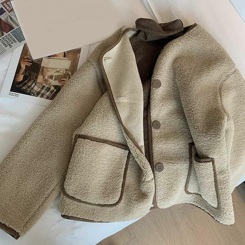 Casual Faux Shearling Jacket Stylish Women's Round Neck Single-breasted Winter Jacket with Color Matching Buttons Thick for Cold