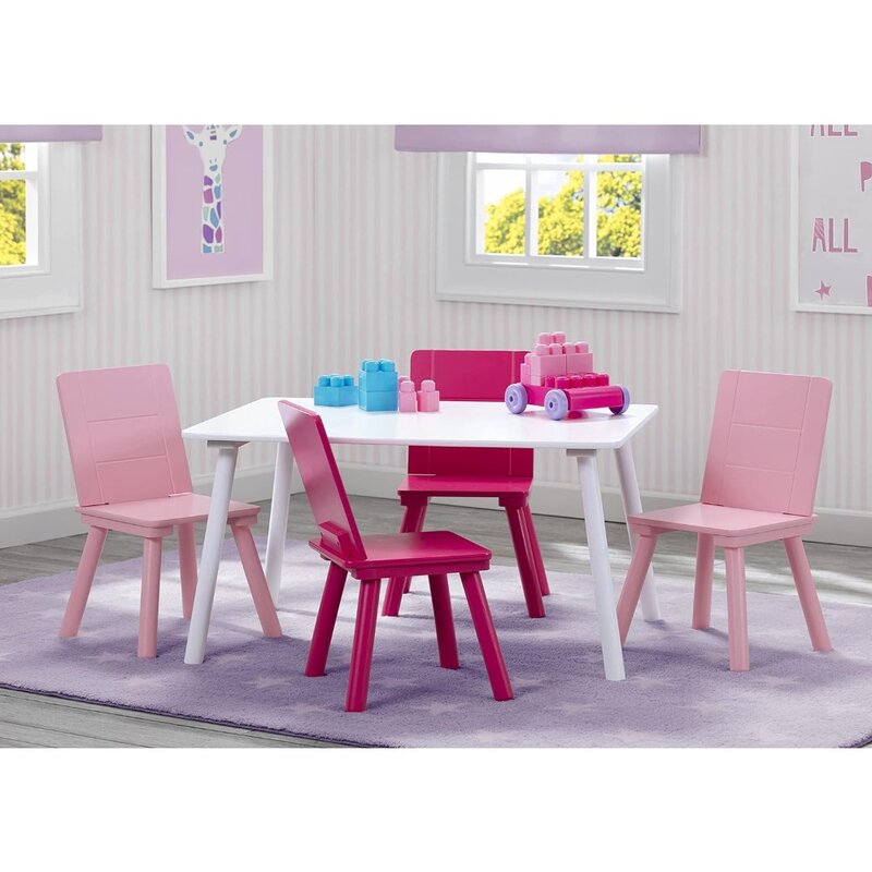 Conjunto de mesa e cadeira infantil, 4 cadeiras incluídas, branca e rosa