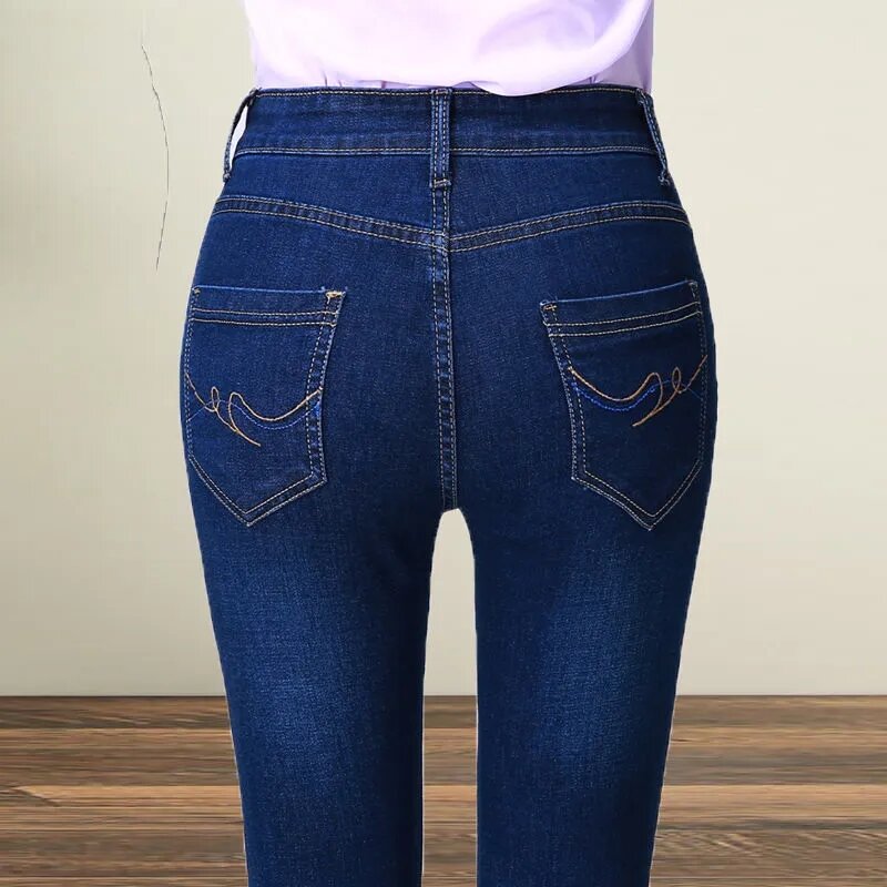 Calça jeans justa feminina de perna reta, cintura alta, elástica, calça jeans feminina solta, de elevação das ancas, casual, primavera, outono, nova