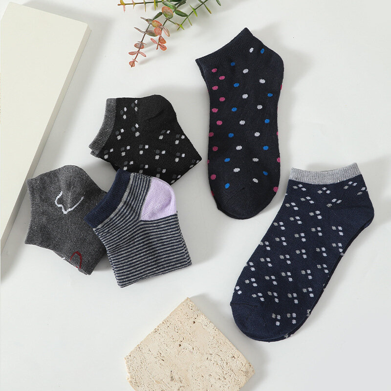 5pair Cotton Low-top Shallow Mouth Women's Socks Cartoon Stripe Polka Dot Print Fashionable Simple Tide Socks  Comfortably