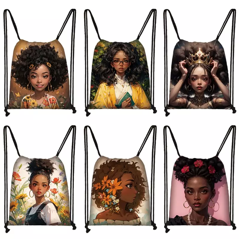 Mochila con estampado de dibujos animados para mujer africana, bolso de hombro con cordón para niñas Afro americanas, soporte para zapatos al aire libre