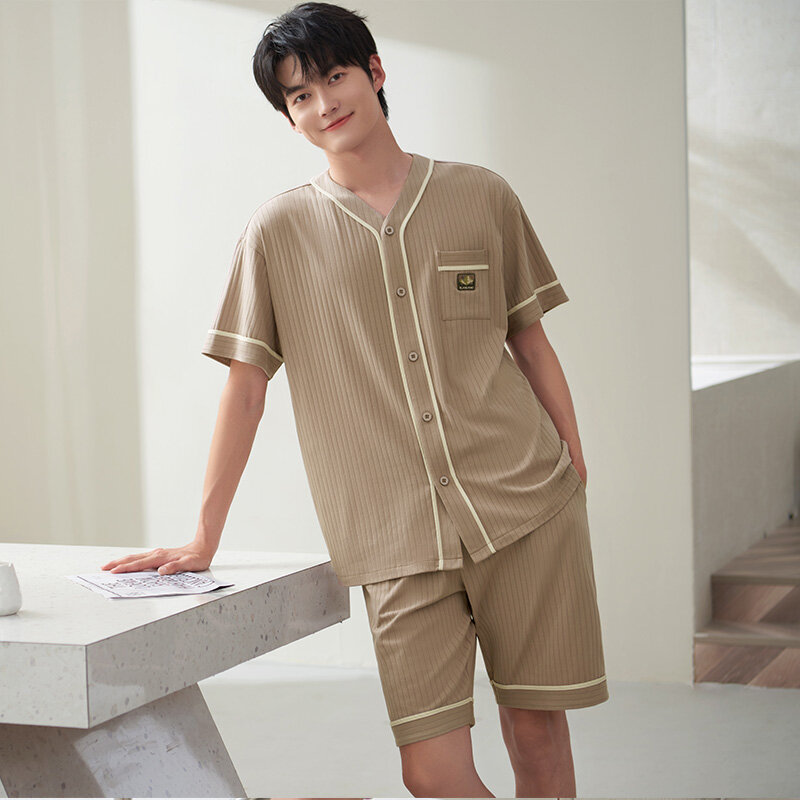 Men's Pajamas Summer V-Neck Cardigan Short Sleeve Home Clothes Cotton Pyjamas Men Lounge Pajama Sets Nihgtwear Sleepwear Sets