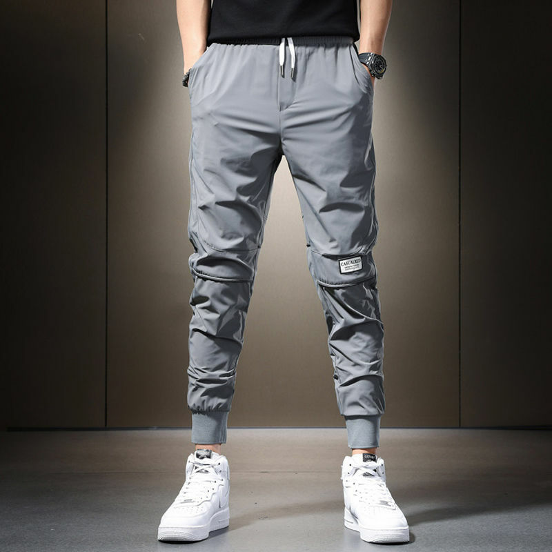 Summer 2023 Men's Casual Pants Black Grey Drawstring Joggers Lightweight Breathable Quick Dry Trousers Ice Silk Sportswear Man