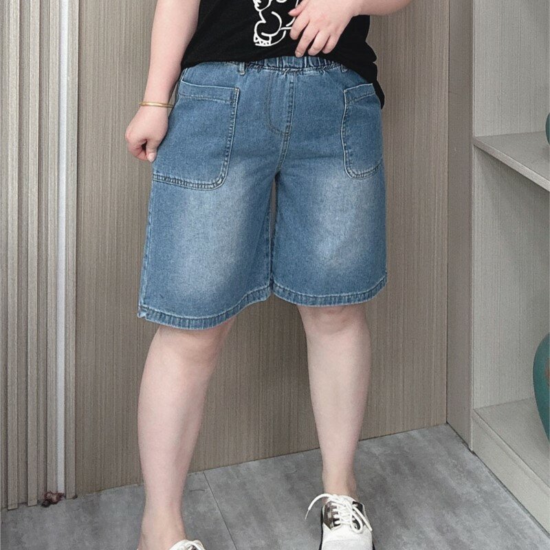 Calça jeans reta com comprimento de joelho feminino, cintura elástica, solta, fina, perna larga, shorts casuais, plus size, verão, novo, 2024