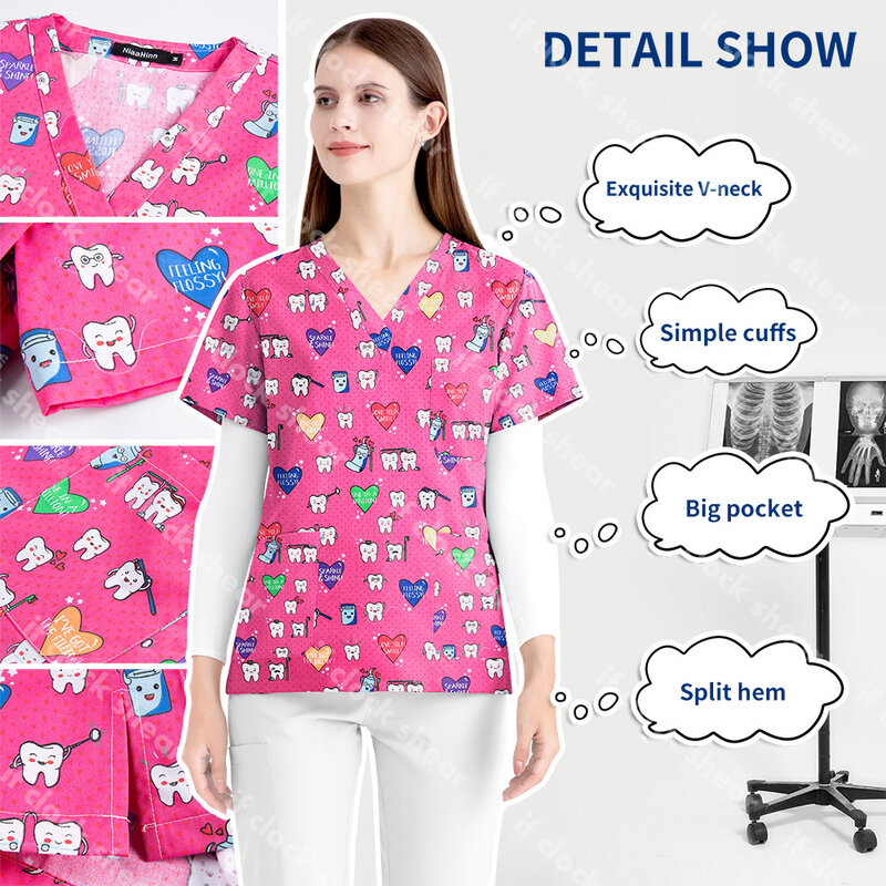 Manga curta feminina uniforme de enfermagem, vestuário hospitalar, tops de algodão, roupas médicas, serviço de saúde, unissex