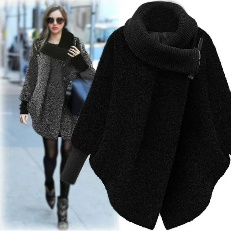 Jaket wol longgar lengan panjang, mantel wol hangat warna polos kerah tinggi musim dingin baru untuk wanita