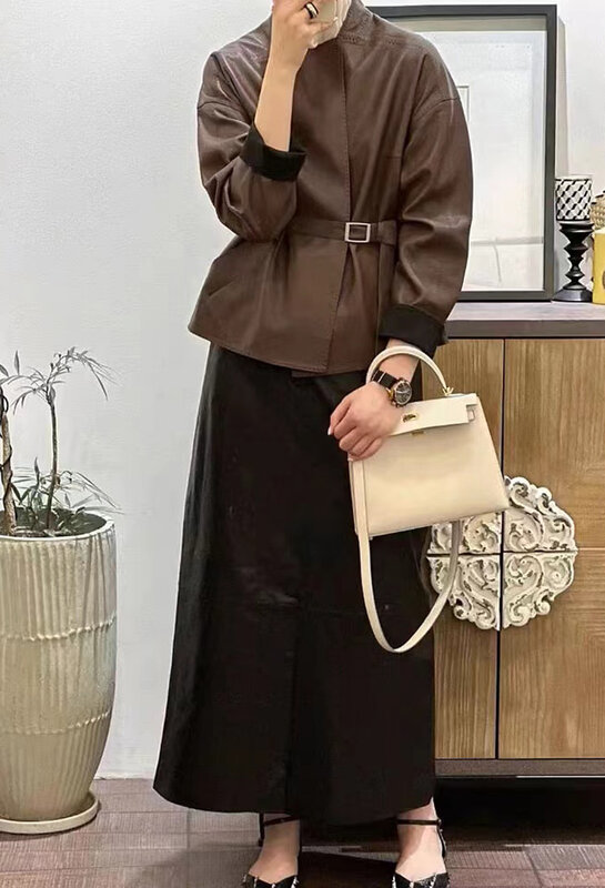 Japanischer harajuku Schaffell Ledermantel für Frauen Damen elegante quadratische Hals adern Haut gürtel kurze Jacken Kaffee Jaqueta Couro