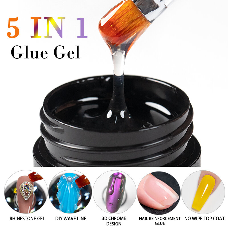 BOZLIN 5 in 1 Glue Gel Reinforcement Gel No Wipe Top Coat Nail Art  Soak Off UV Gel Varnish 3D Chrome Design Super Diamond Gel