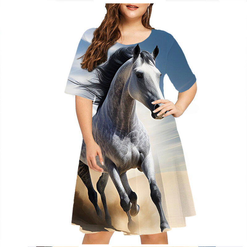 Animais de corrida de pradaria femininos Vestidos de cavalo, roupas de verão grandes, manga curta casual, vestido estampado, solto plus size