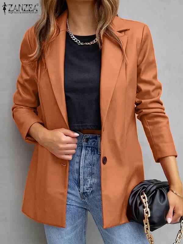 ZANZEA Casual Office Lady autunno Outwear donna PU Leather Blazer Coat Vintage Suit Collar Jacket 2023 New Double Breasted Blazer