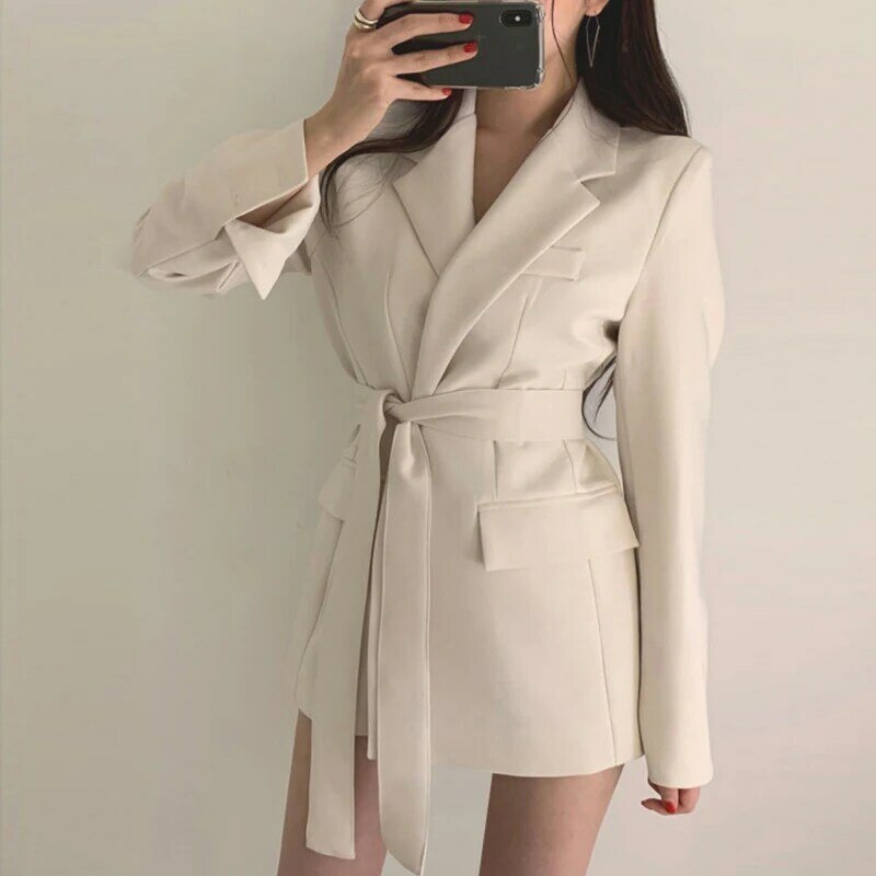 Veste longue avec ceintures pour femme, blazers monochromes, manteau blazer élégant, noir et beige, avocat de l'automne, mode coréenne, style britannique, nouveau, 2023
