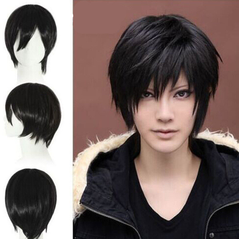 Fashion Cosplay Short Black Heat Resistant Synthetic Wig for Man Lace Front Synthetic Human Hair Piece with Net Cap 코스프레