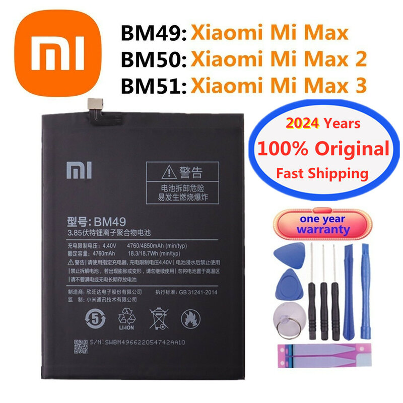 Xiaomi-Batterie d'origine pour téléphone portable, remplacement BatBR, Mi Max 2, 3, Max2, Max3, 2024 ans, BM49, BM50, BM51, 100%
