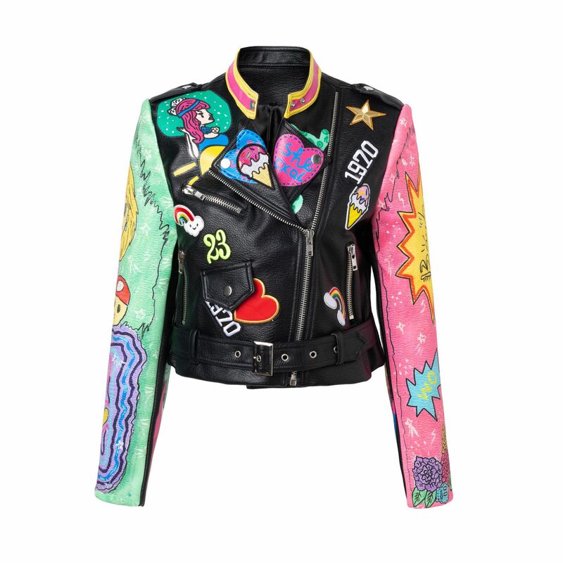 Chaqueta de cuero PU para mujer, cremallera de moda, abrigo de cuero corto, ajustado, motocicleta Rock Punk, combinación de colores, calidad