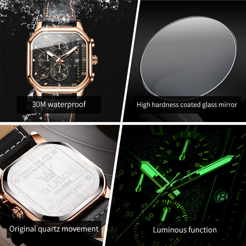 OLEVS 남성용 패션 스퀘어 쿼츠 시계, 가죽 방수 크로노그래프, 최고 브랜드 럭셔리 시계
