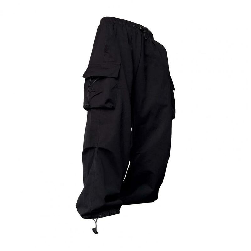 Pantalones Cargo de cintura alta con diseño de múltiples bolsillos en la entrepierna para hombres, pantalones elásticos de gran tamaño, Color sólido