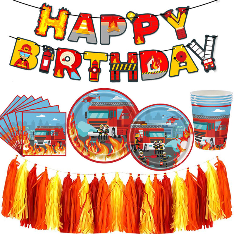 Suministros de fiesta de cumpleaños de camión de bomberos, vajilla desechable de bombero, platos de papel, vasos, servilletas, pancarta de feliz cumpleaños, fiesta de bombero