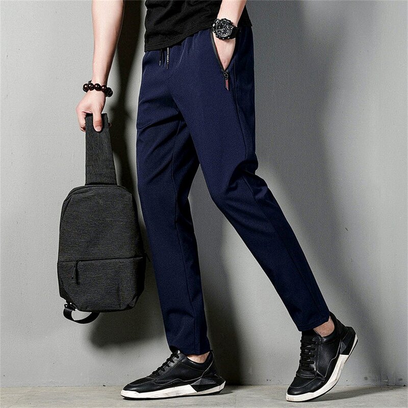 Calça casual stretch slim fit masculina, bata elástica na cintura, calça de negócios, azul, preta, cinza, marca coreana, clássica, masculina