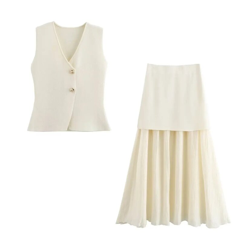 Suit Women's 2 Pieces 2024 Fashion Gold Button Knit Vest Retro Sleeveless Blouse+pleated Stitching Skirt Women's Suit
