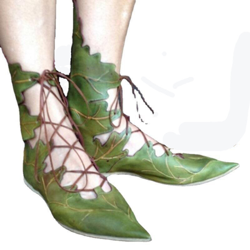 2023 Medieval Gothic Retro Elf Witch Leaves Lace Up Shoes For Women  Men Cosplay Costume Carnival Party Knight Boots Accessories
