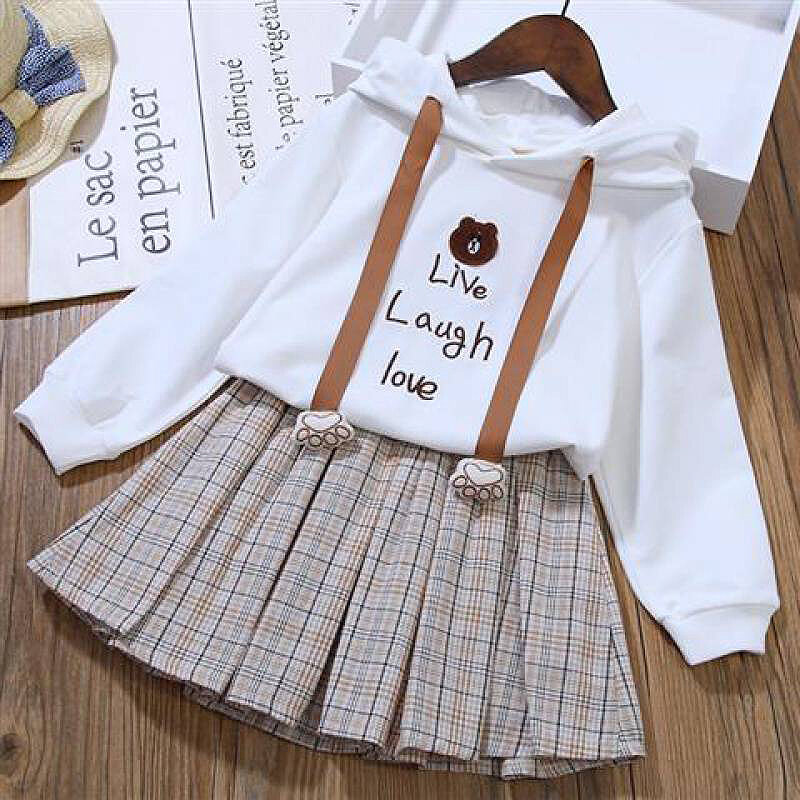 Комплект одежды для девочек 4, 6, 8, 10, 12 лет, хлопковая толстовка с мультяшным мишкой + плиссированная юбка, костюм из 2 предметов для детей, подарок на день рождения