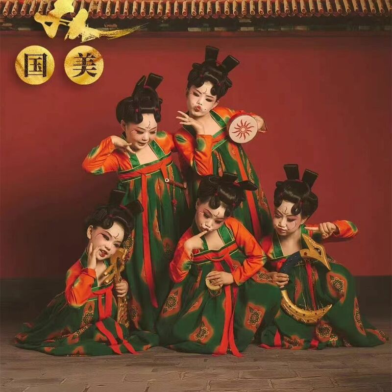 Dzieci Uigerl chińskie ubrania do tańca Hanfu Tang Dynatsy kostiumy na Halloween dla dziewczynek 2023 Hanfu chiński zielony sukienka dla dzieci