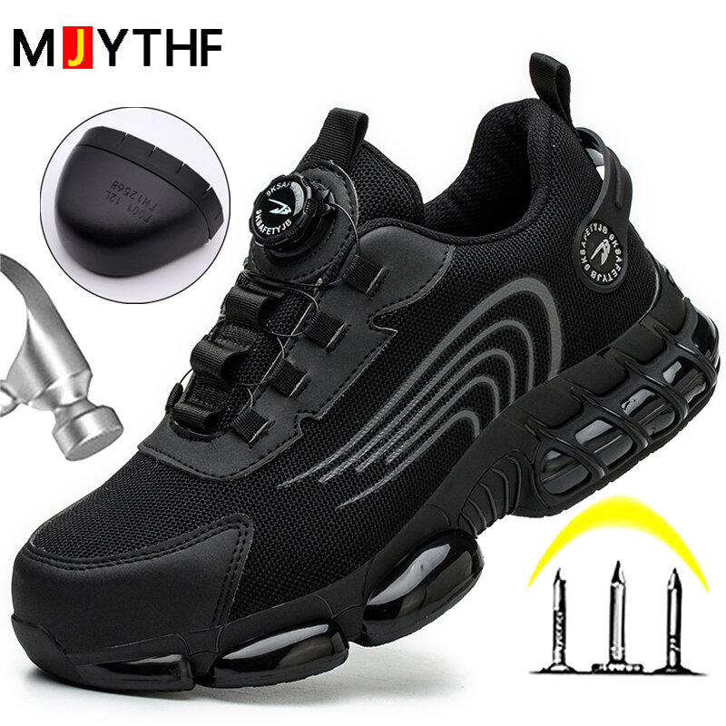 Sapatos de segurança de botão rotativo masculino, Tênis de trabalho, Sapatos indestrutíveis, Botas protetoras à prova de perfuração, Toe de aço
